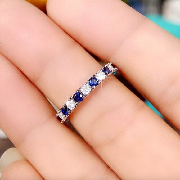 NEW 925 Sterling Silver Sapphire Diamond Ring Thin Ring Band - Picture 1 of 7